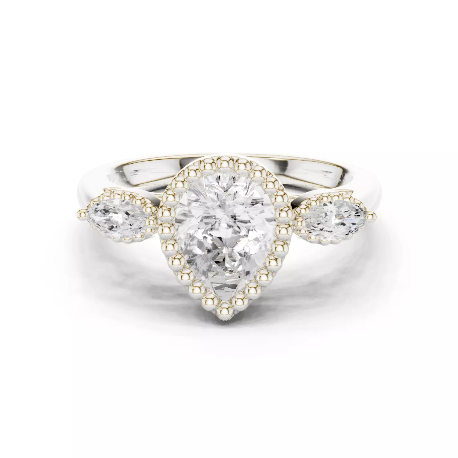 Three Stone Bezel Set Pear Marquise Diamond Ring 3DM STL Video 3D print model_14