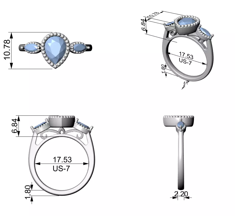Three Stone Bezel Set Pear Marquise Diamond Ring 3DM STL Video 3D print model_15