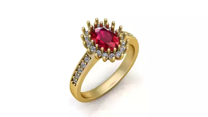 Luxurious Gold Ring with Oval Ruby and Diamond Halo Accent