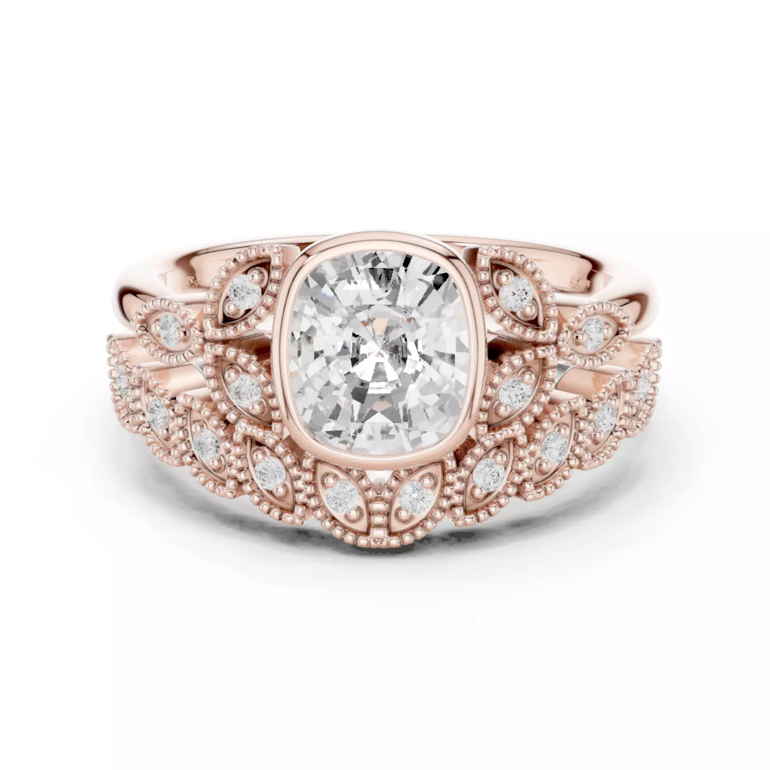 Bezel Set Cushion Cut Engagement Wedding Ring Set 3DM STL Video 3D print model_12