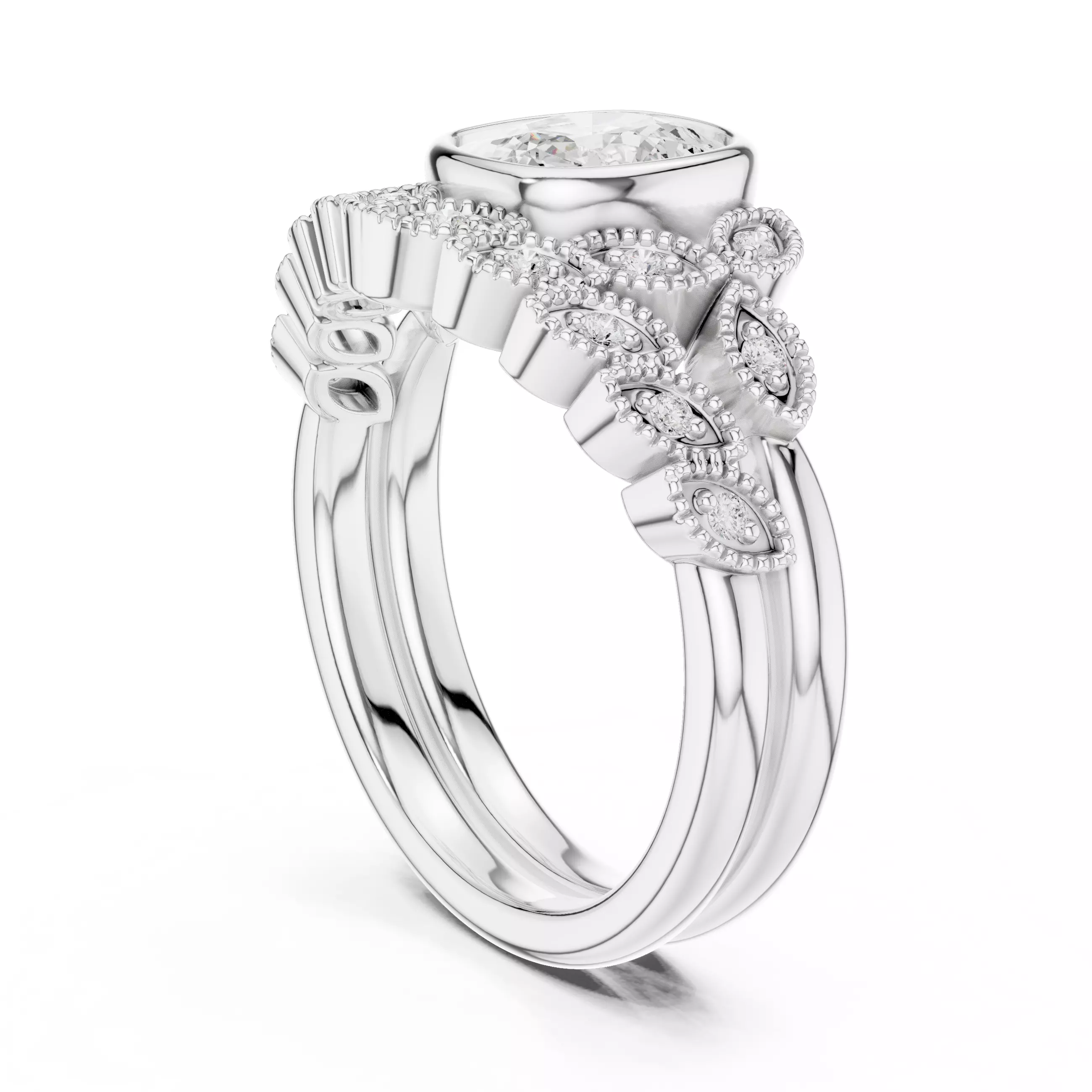 Bezel Set Cushion Cut Engagement Wedding Ring Set 3DM STL Video 3D print model_9