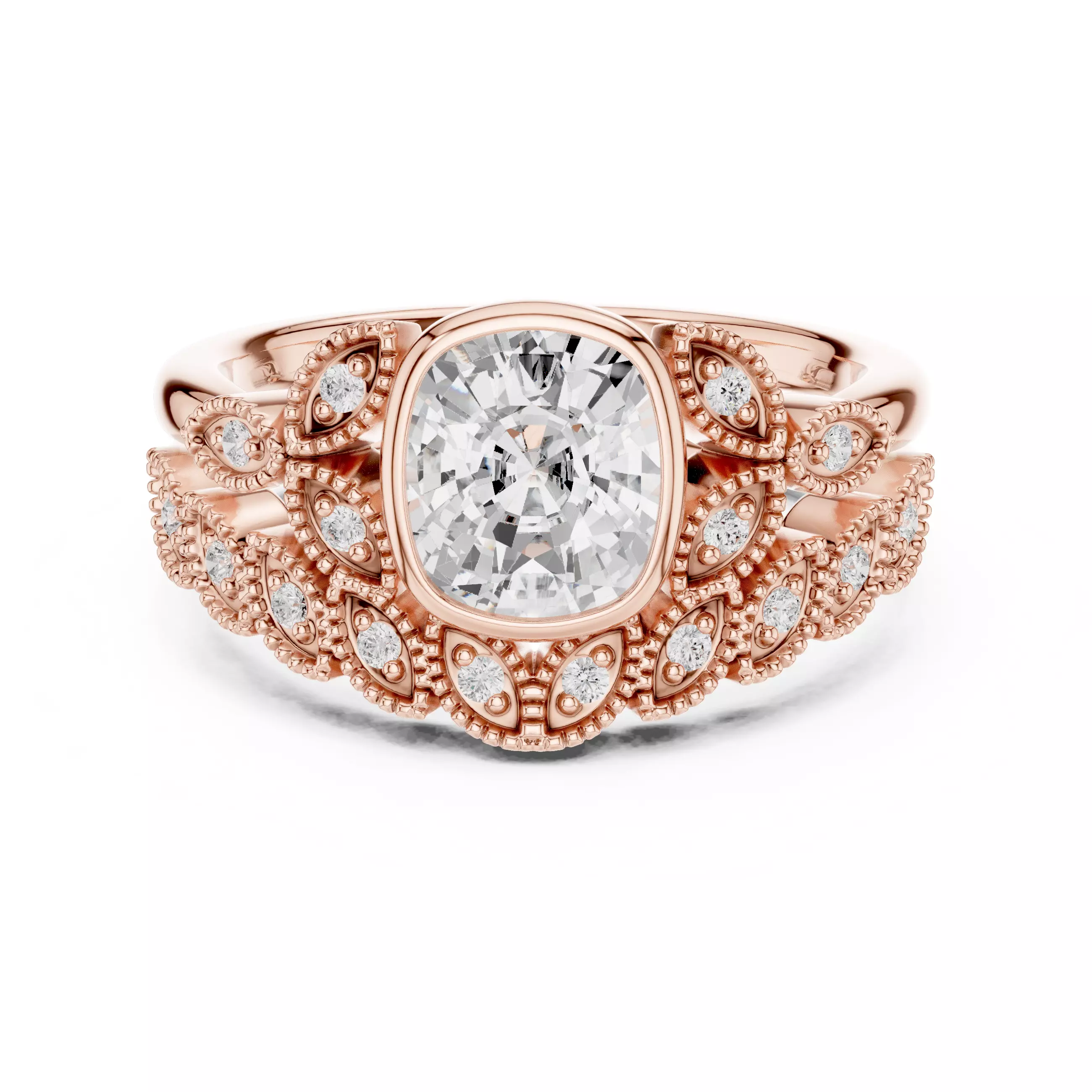 Bezel Set Cushion Cut Engagement Wedding Ring Set 3DM STL Video 3D print model_0