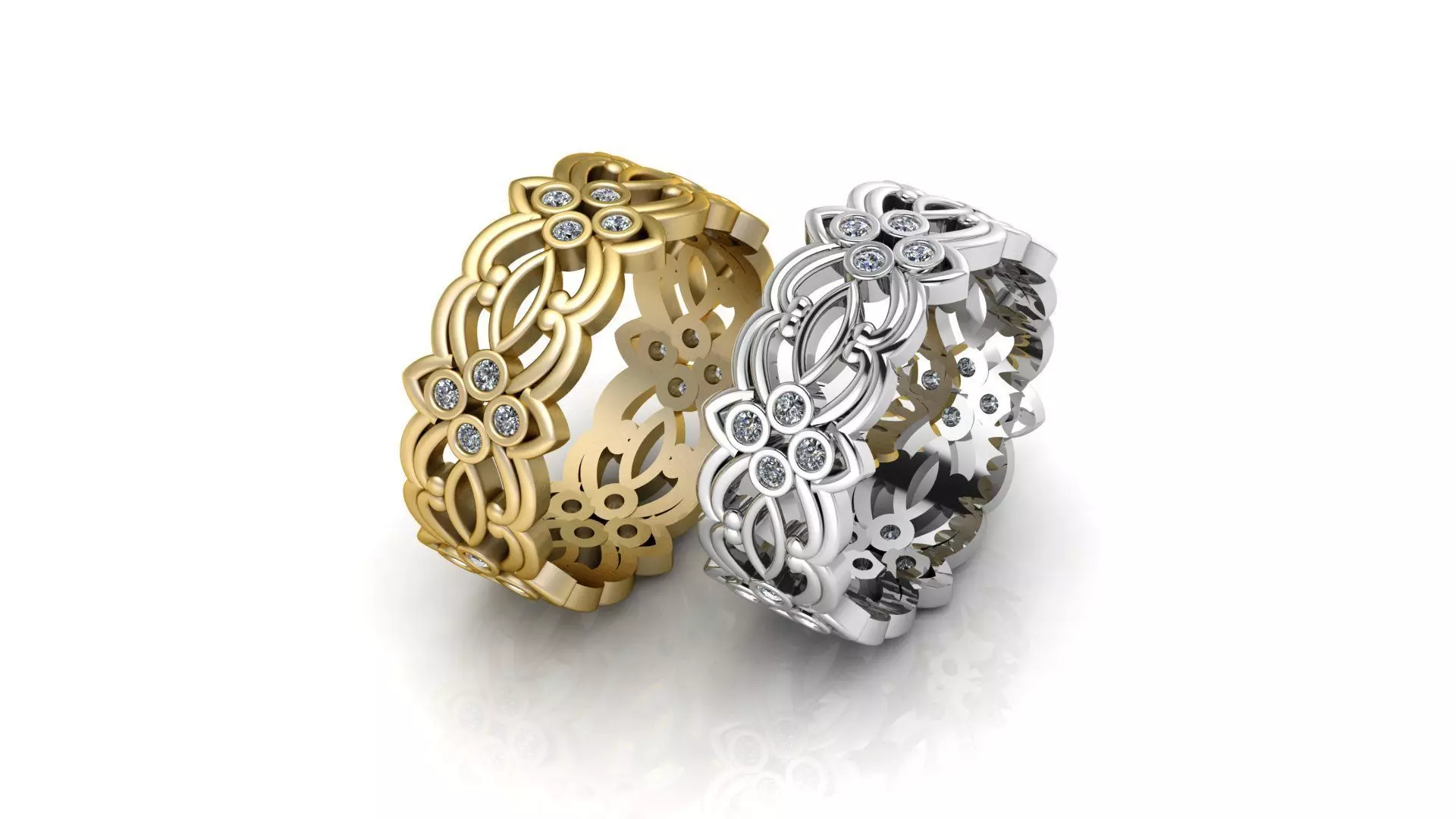 Floral Filigree Diamond Eternity Bands in Gold and Platinum 3D print model_0