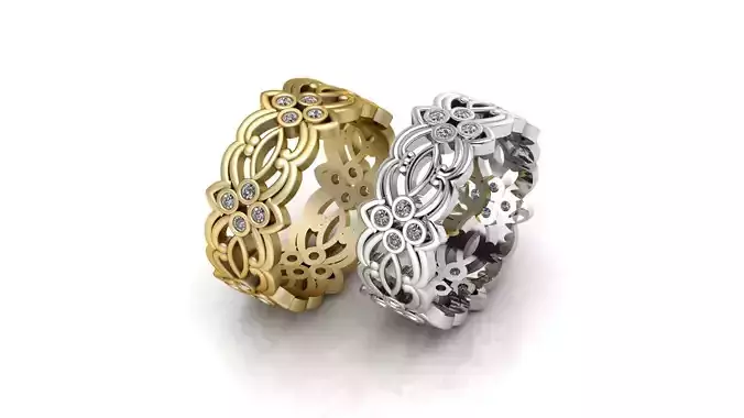 Floral Filigree Diamond Eternity Bands in Gold and Platinum 3D print model Floral Filigree Diamond Eternity Bands in Gold and Platinum 3D print model