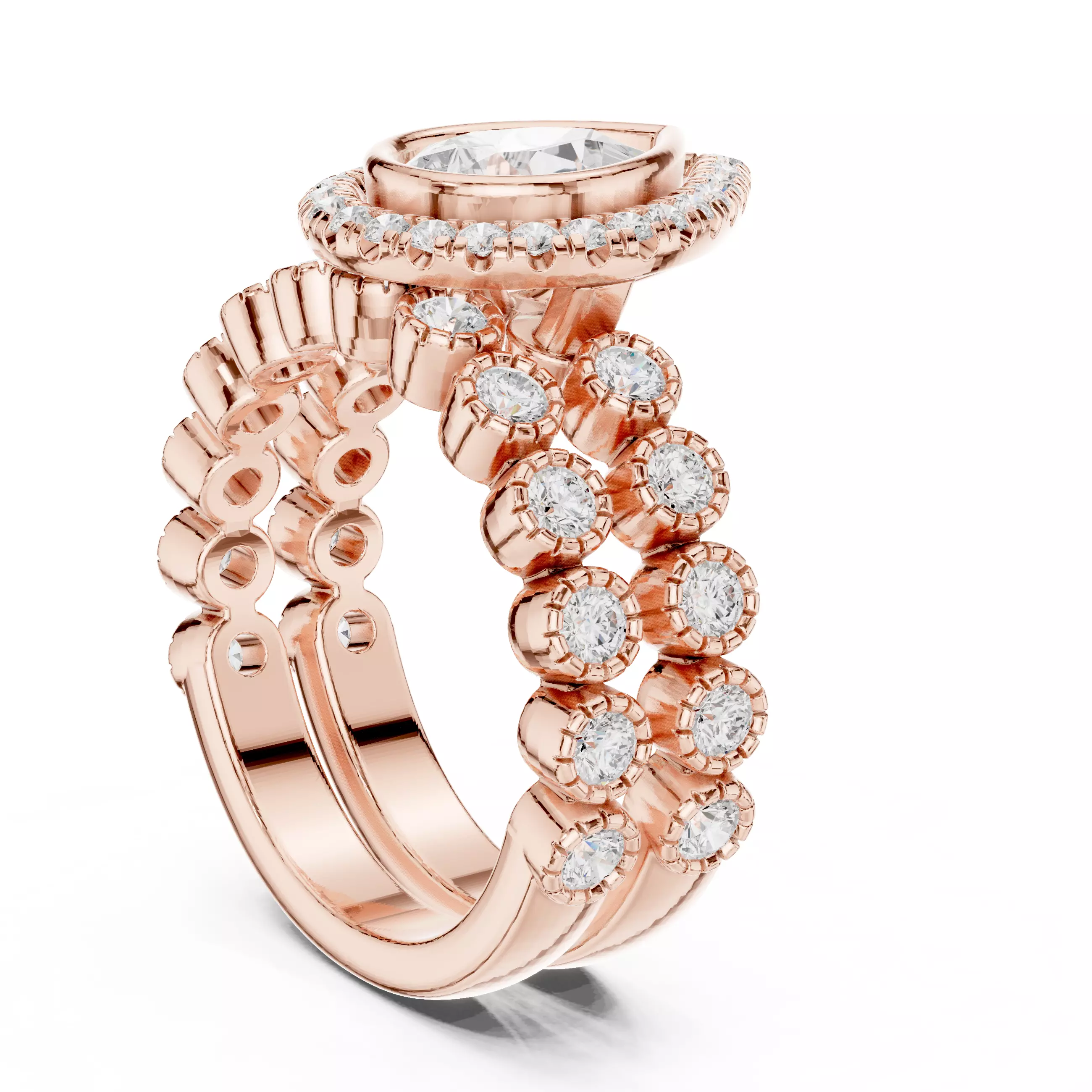 Bezel Set Pear Cut Diamond Wedding Ring Set 3DM STL Video 3D print model_3