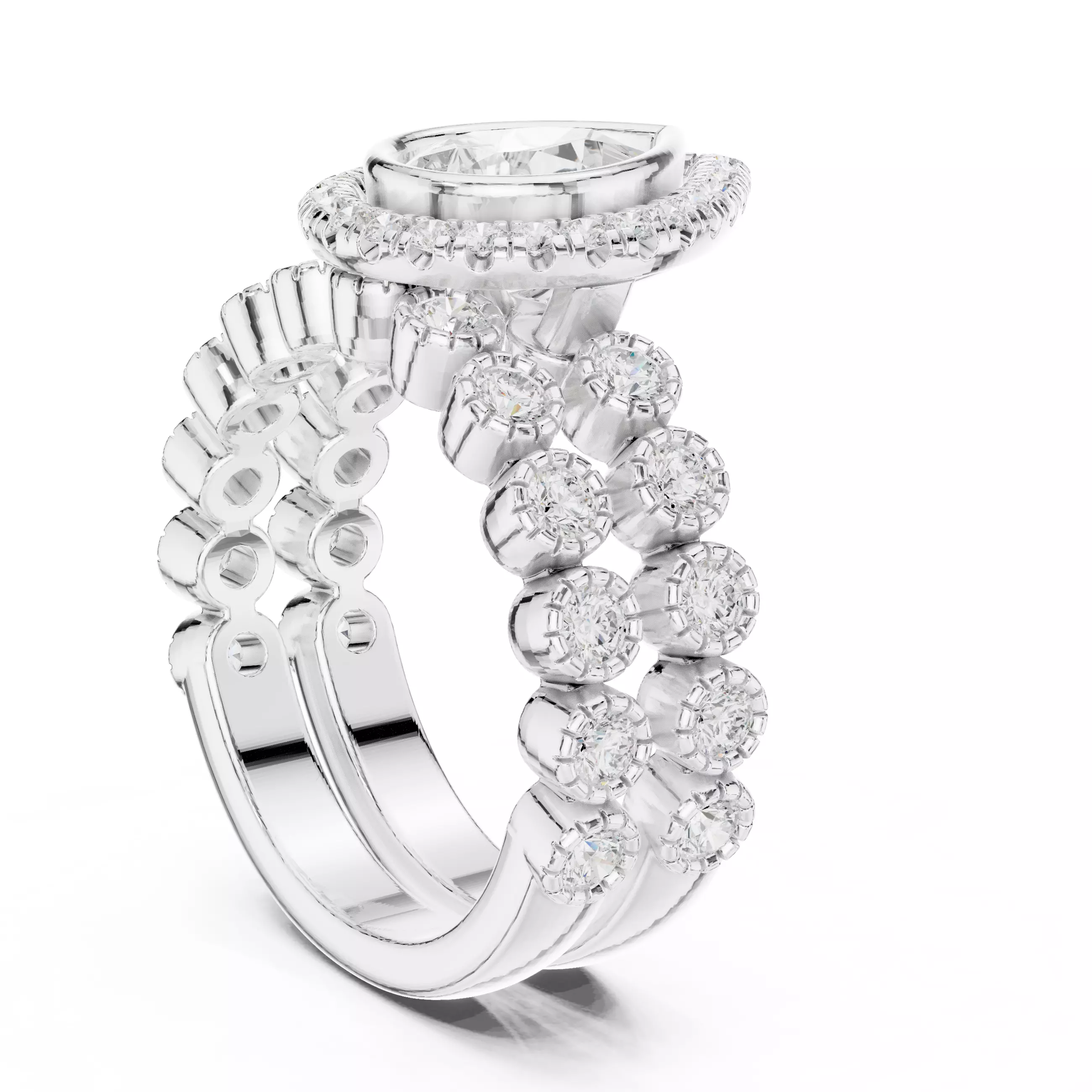 Bezel Set Pear Cut Diamond Wedding Ring Set 3DM STL Video 3D print model_9