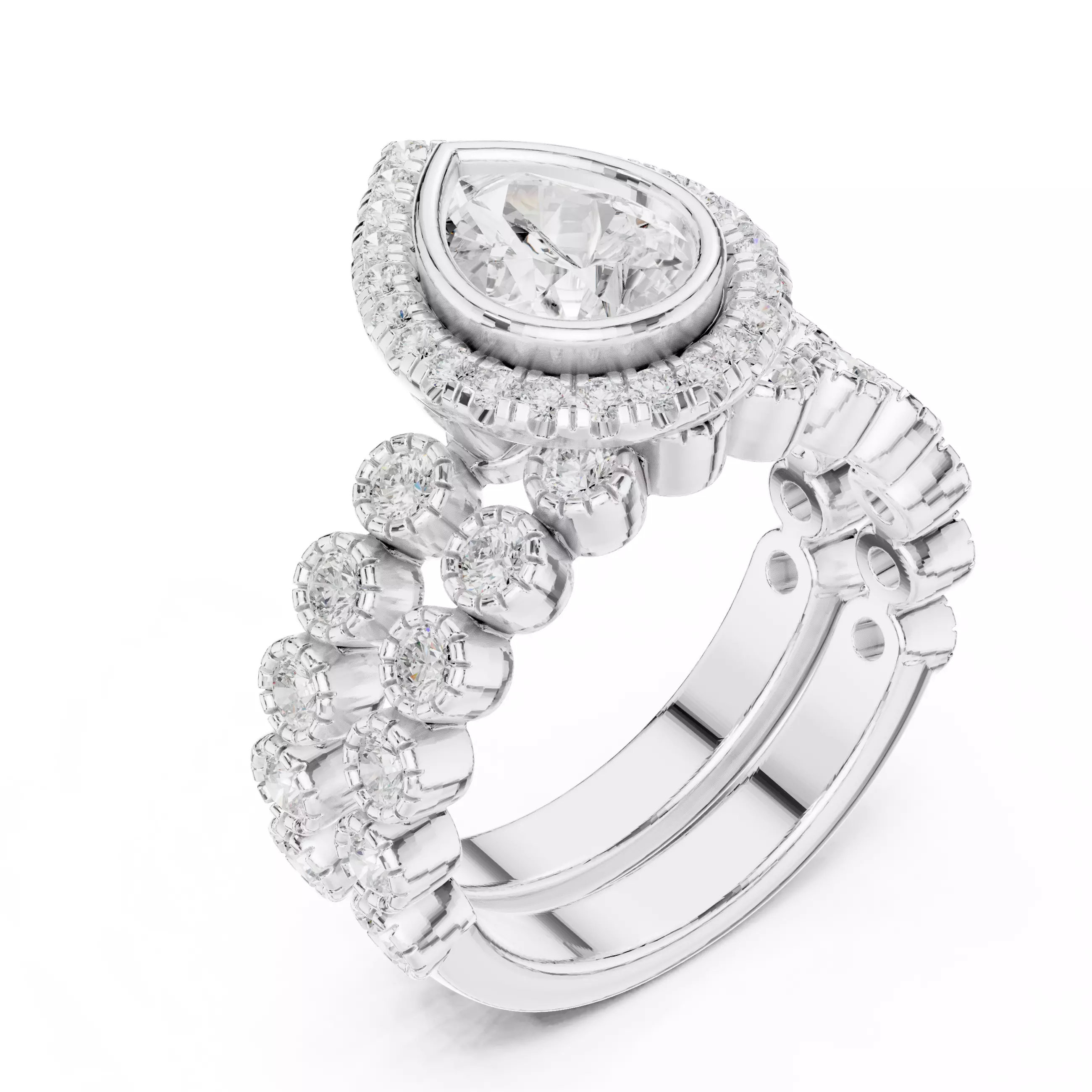 Bezel Set Pear Cut Diamond Wedding Ring Set 3DM STL Video 3D print model_10