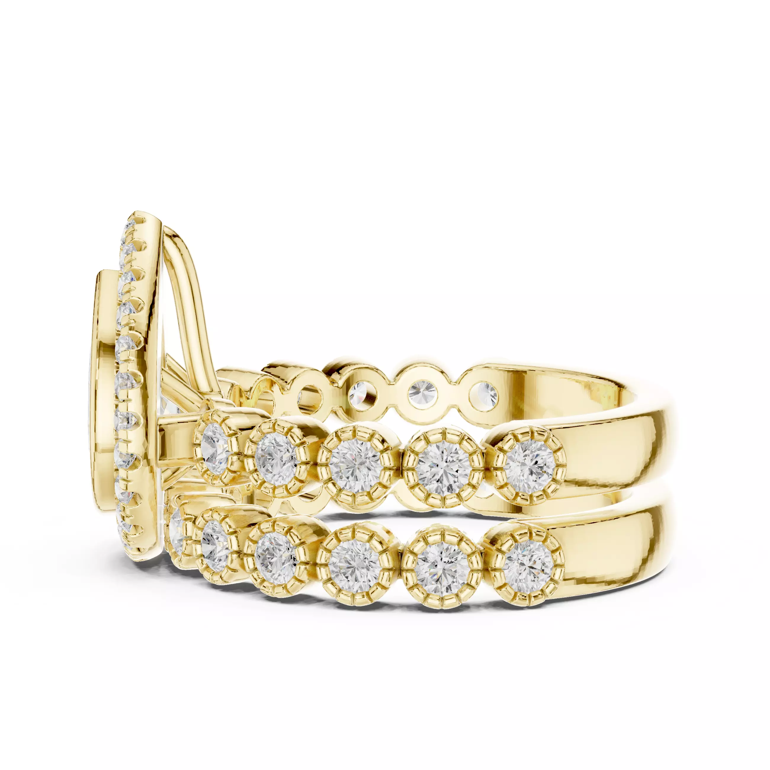 Bezel Set Pear Cut Diamond Wedding Ring Set 3DM STL Video 3D print model_8