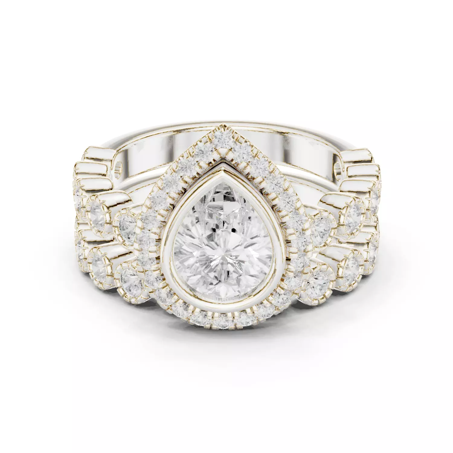 Bezel Set Pear Cut Diamond Wedding Ring Set 3DM STL Video 3D print model_14