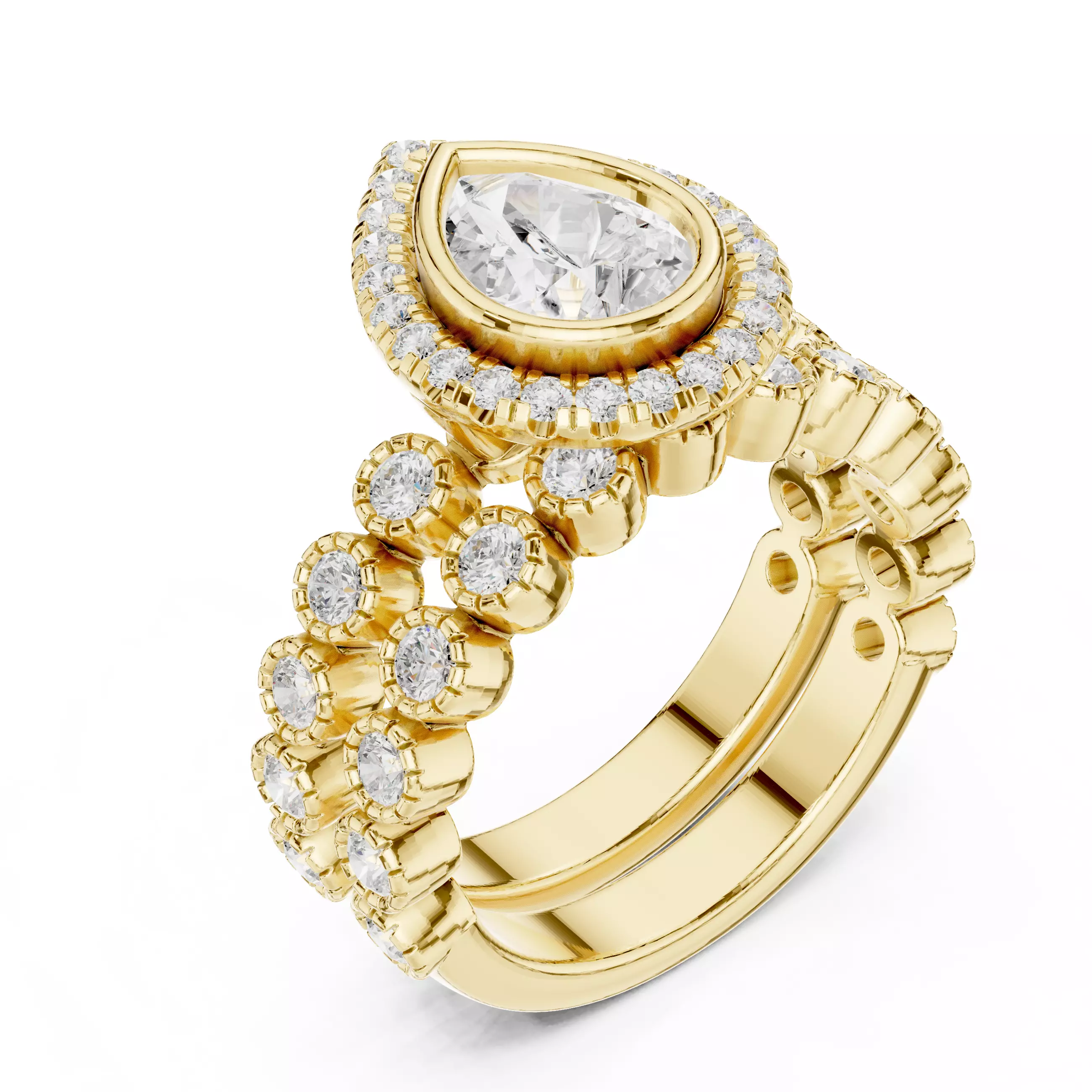 Bezel Set Pear Cut Diamond Wedding Ring Set 3DM STL Video 3D print model_7