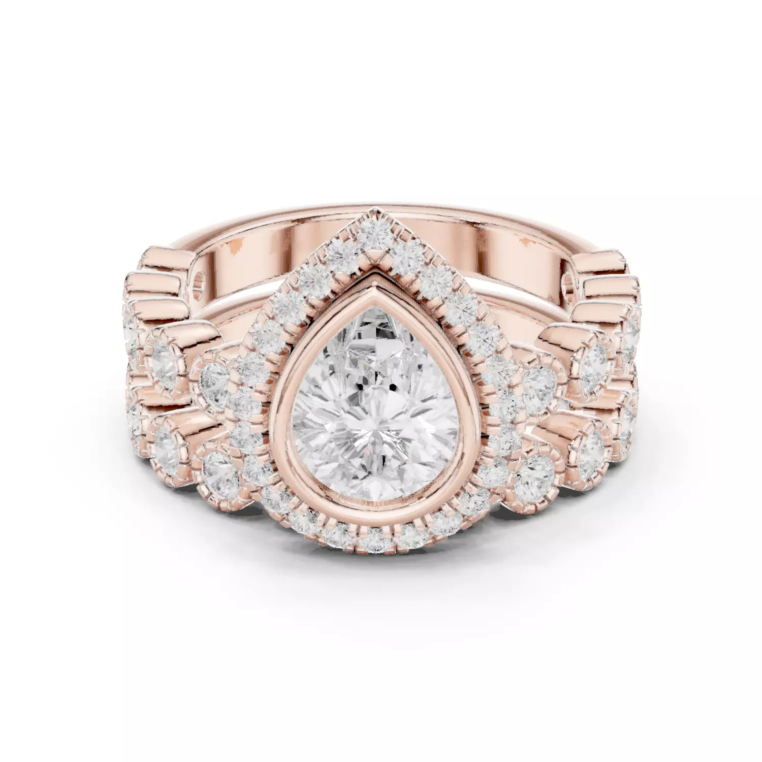 Bezel Set Pear Cut Diamond Wedding Ring Set 3DM STL Video 3D print model_12