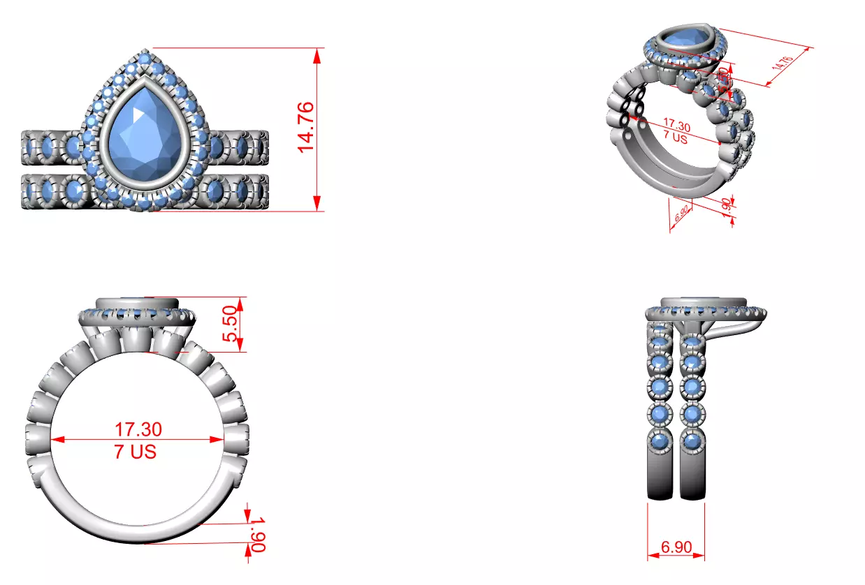 Bezel Set Pear Cut Diamond Wedding Ring Set 3DM STL Video 3D print model_15