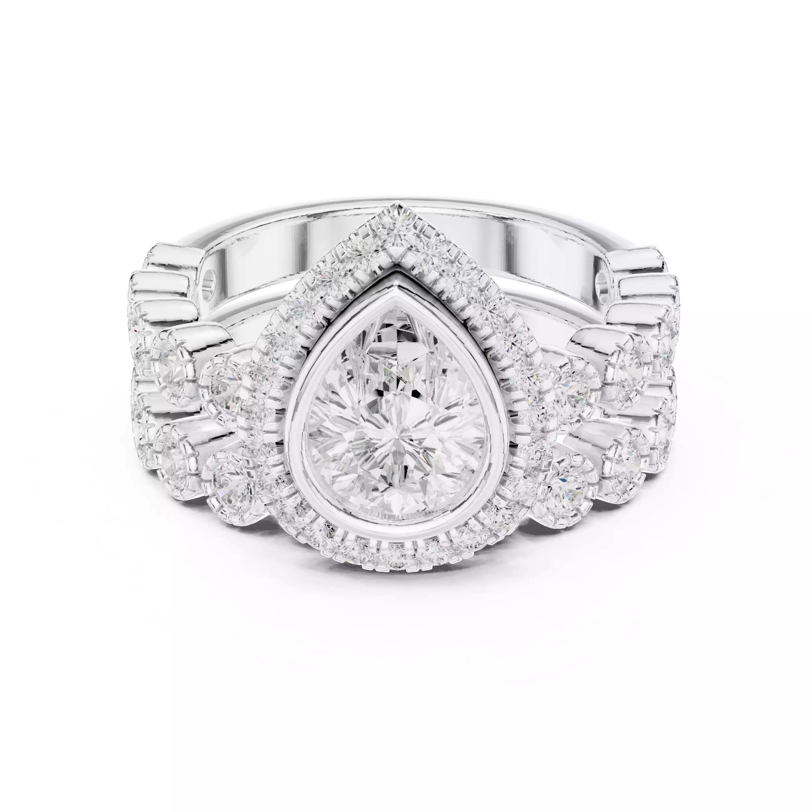 Bezel Set Pear Cut Diamond Wedding Ring Set 3DM STL Video 3D print model_2