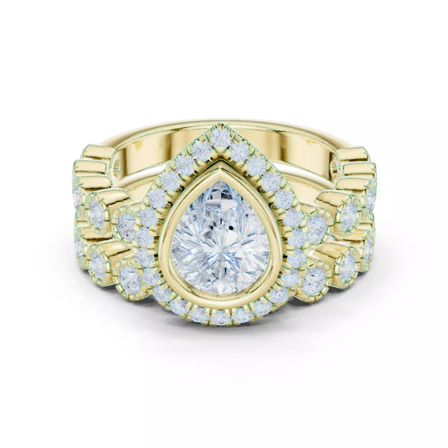 Bezel Set Pear Cut Diamond Wedding Ring Set 3DM STL Video 3D print model_13