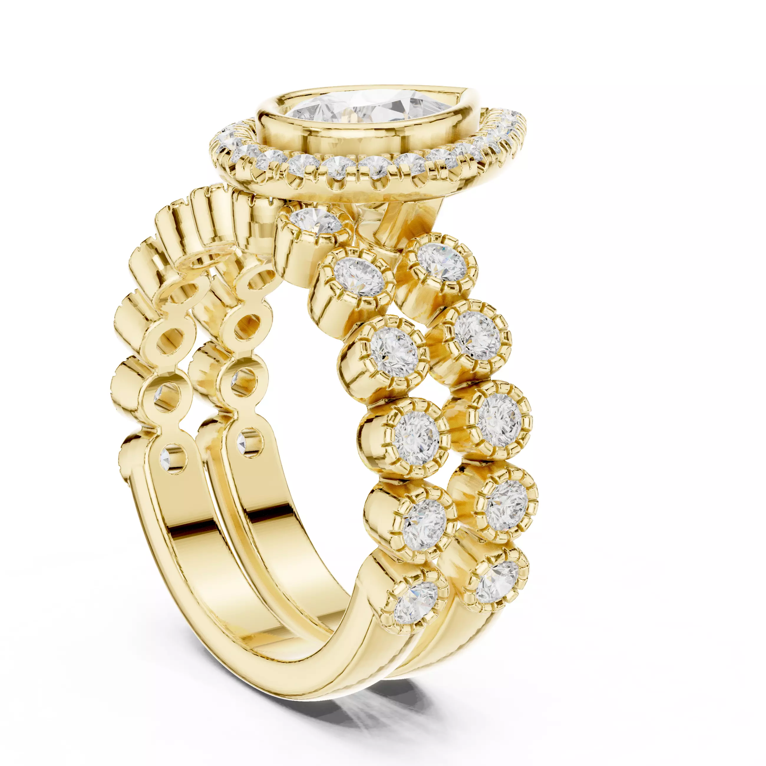 Bezel Set Pear Cut Diamond Wedding Ring Set 3DM STL Video 3D print model_6