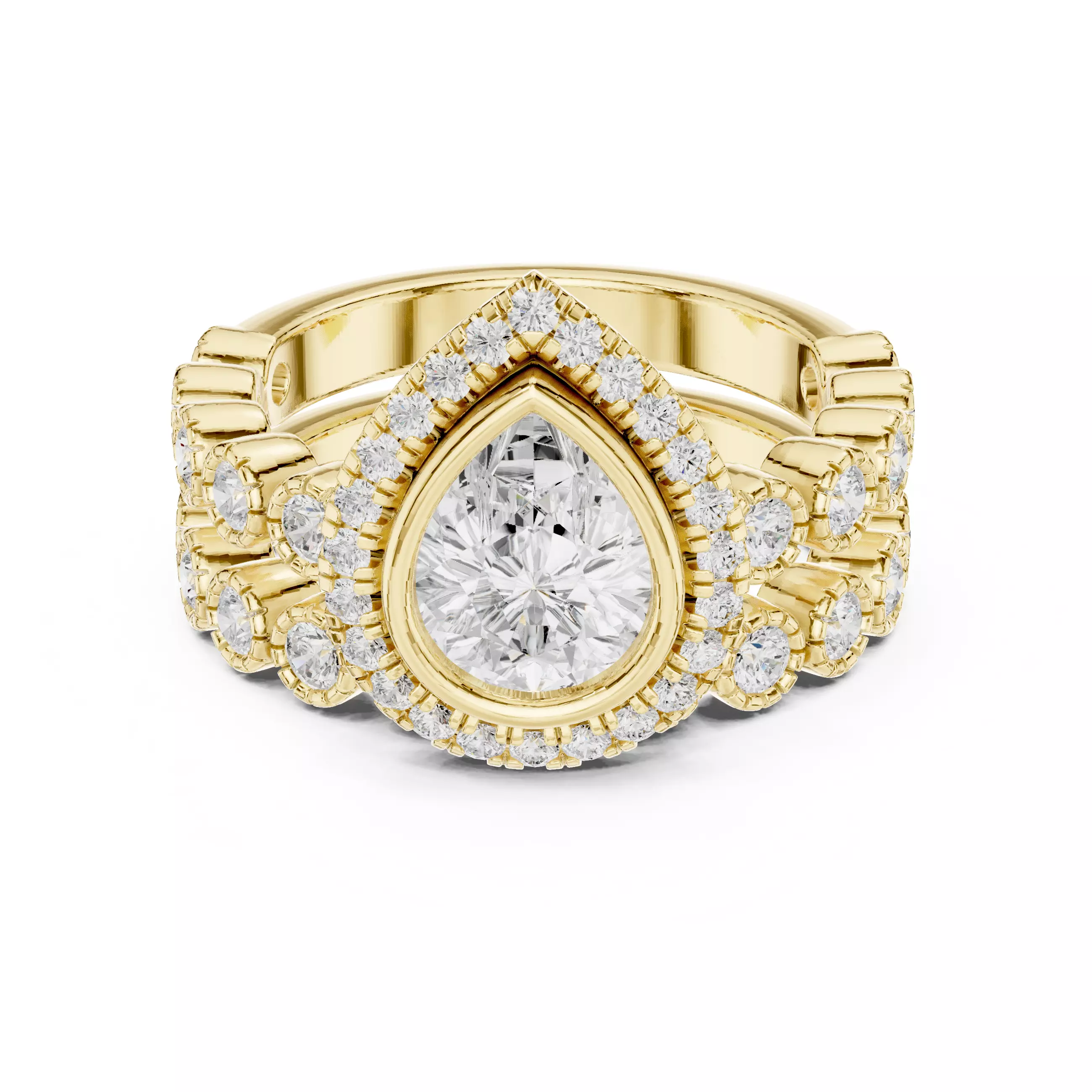 Bezel Set Pear Cut Diamond Wedding Ring Set 3DM STL Video 3D print model_1