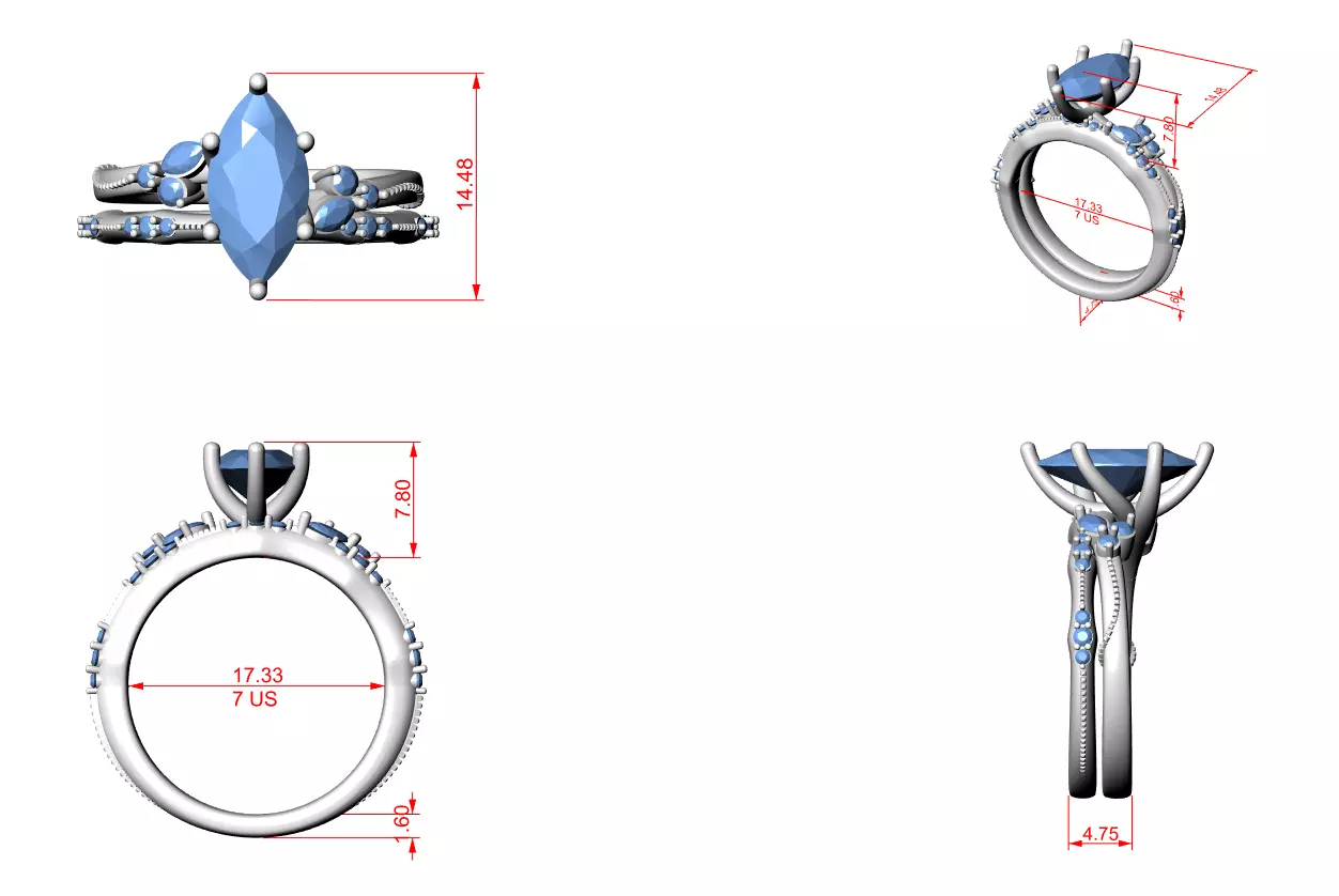 2CT Marquise Cut Diamond Knife Edge Woman Ring Set 3DM STL Video 3D print model_18