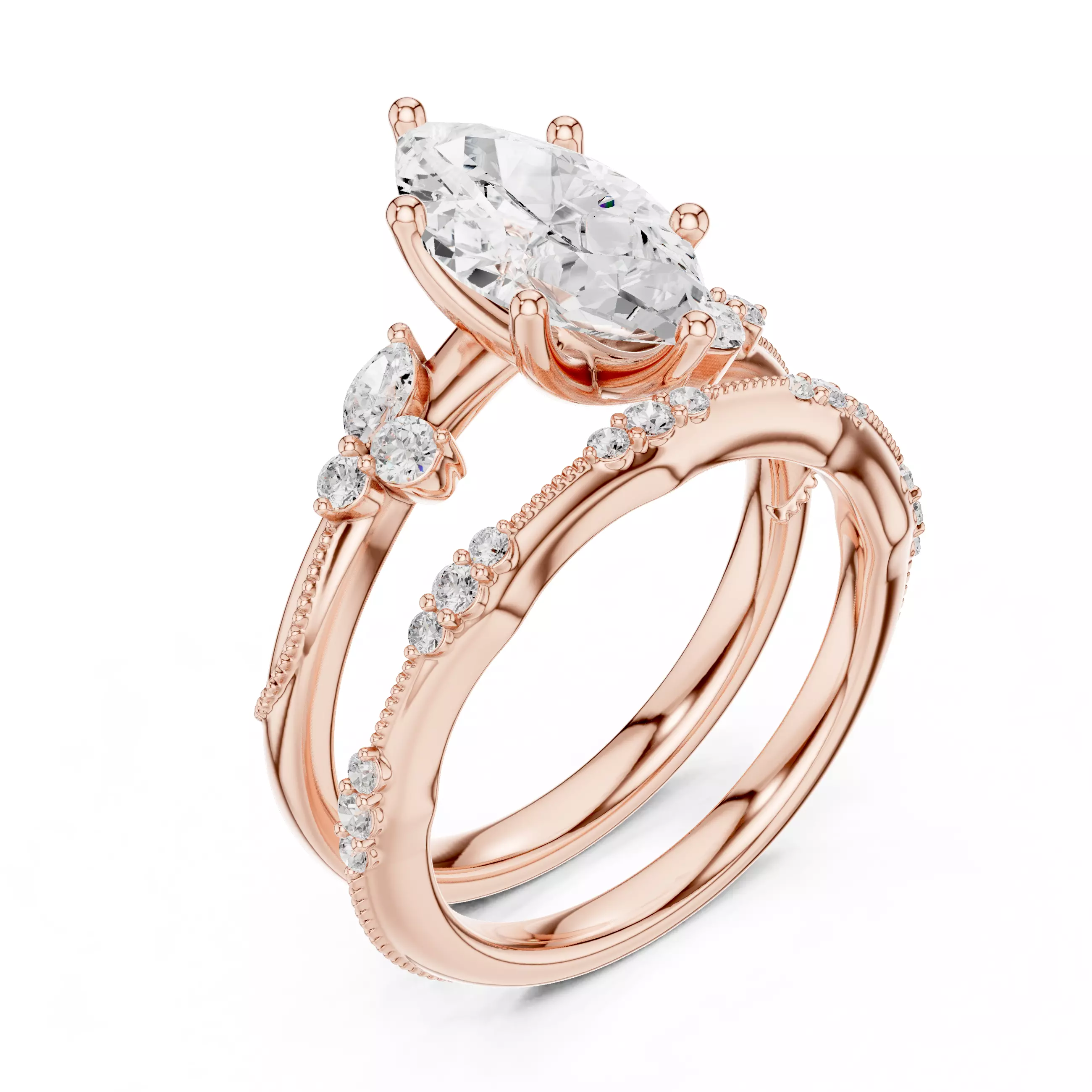 2CT Marquise Cut Diamond Knife Edge Woman Ring Set 3DM STL Video 3D print model_4