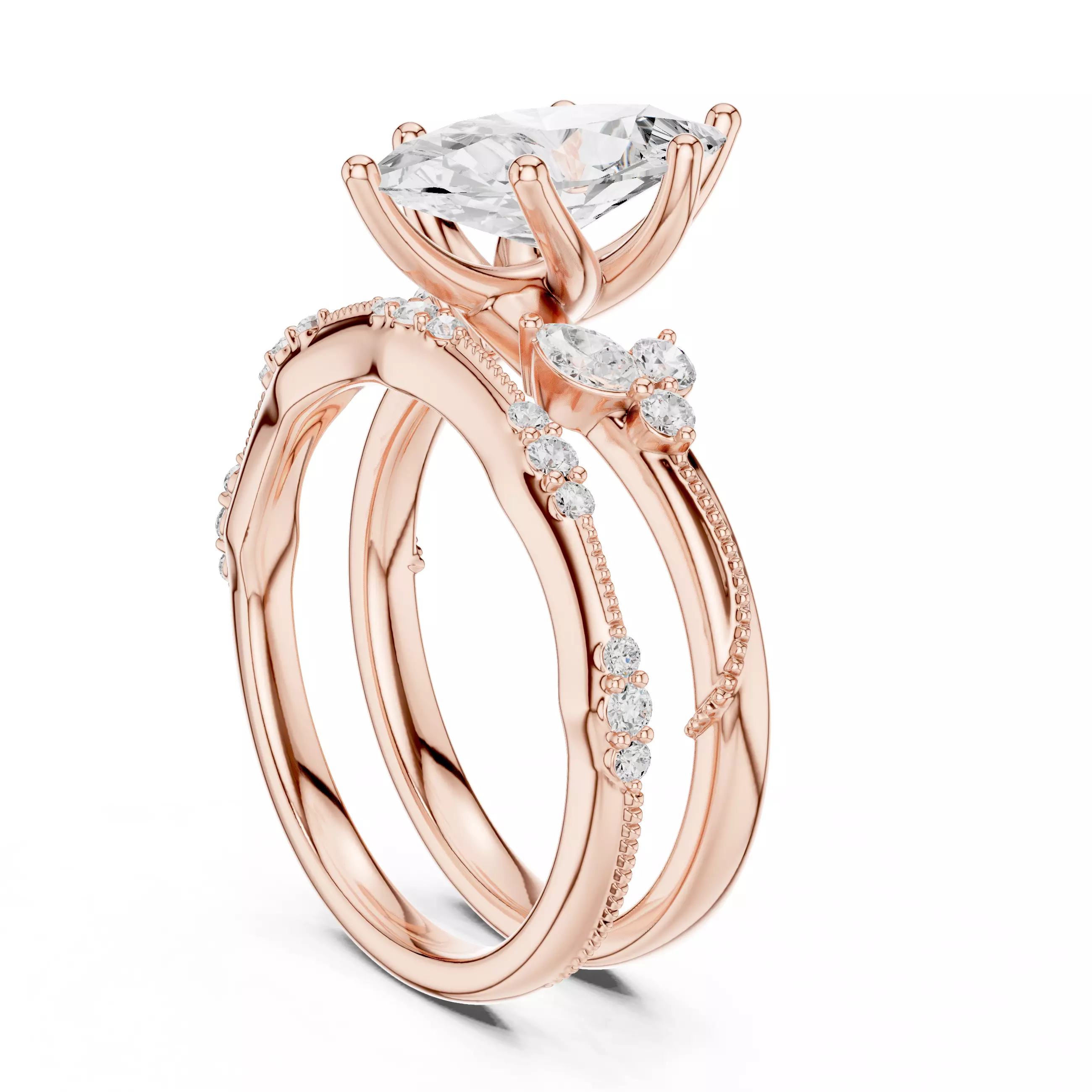 2CT Marquise Cut Diamond Knife Edge Woman Ring Set 3DM STL Video 3D print model_3