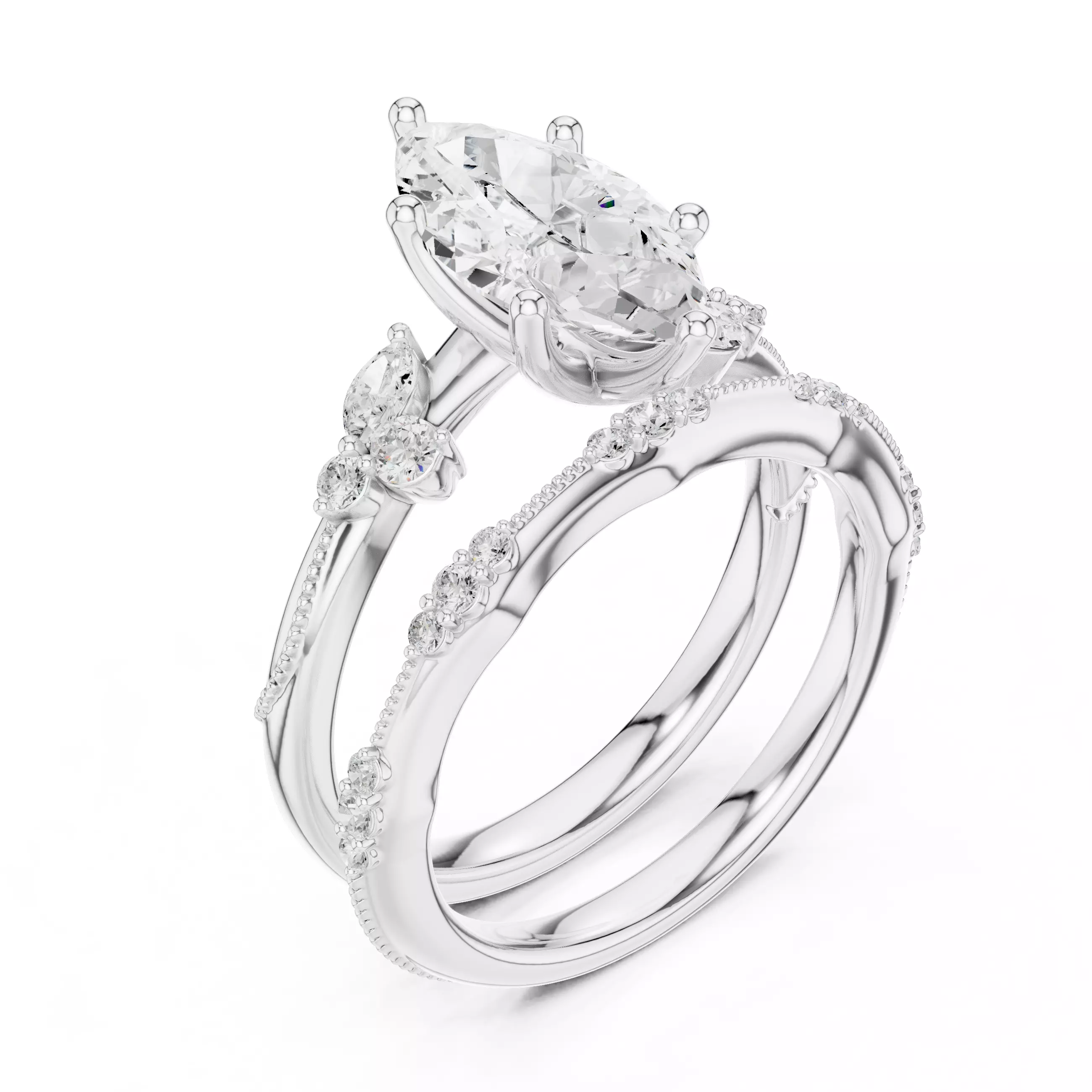 2CT Marquise Cut Diamond Knife Edge Woman Ring Set 3DM STL Video 3D print model_12