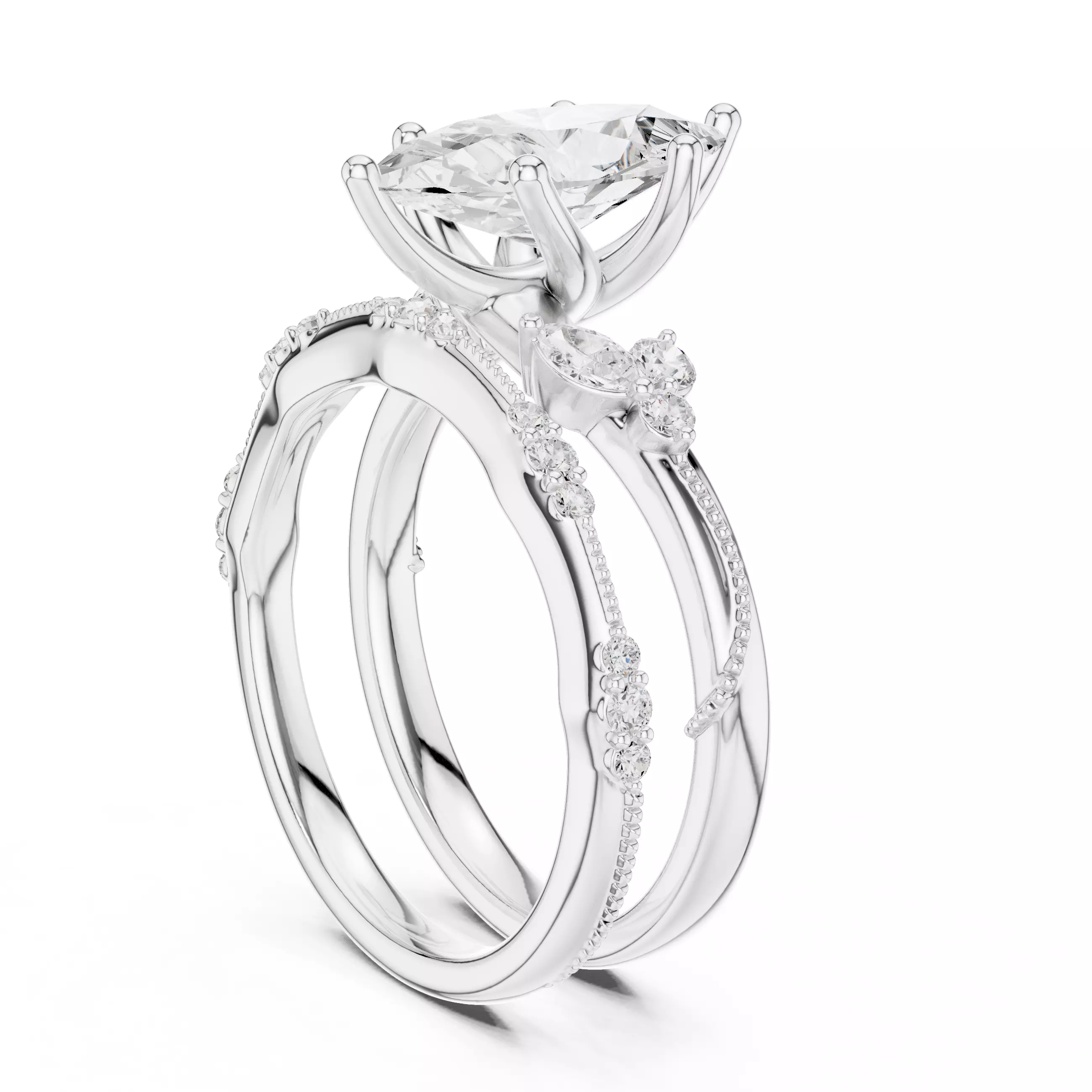 2CT Marquise Cut Diamond Knife Edge Woman Ring Set 3DM STL Video 3D print model_11