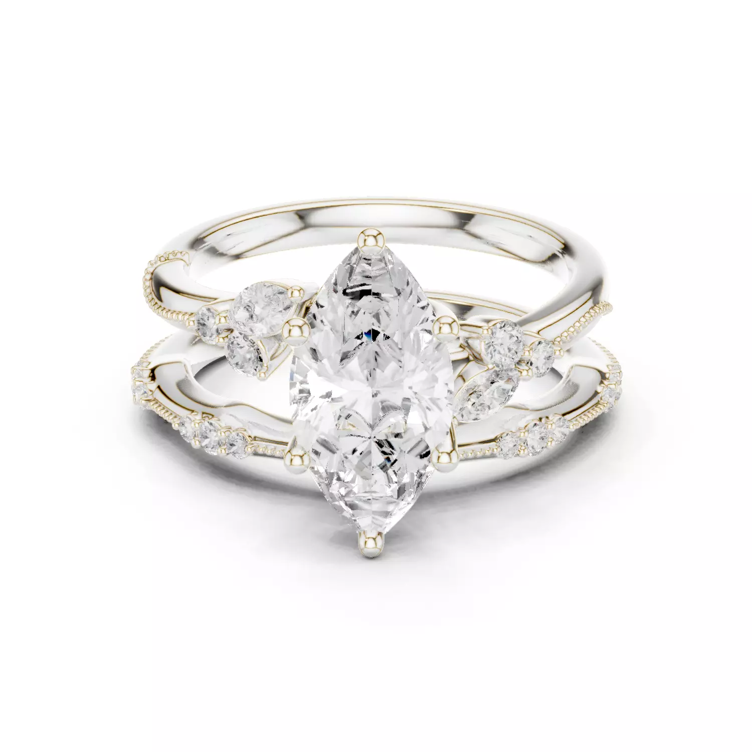 2CT Marquise Cut Diamond Knife Edge Woman Ring Set 3DM STL Video 3D print model_16