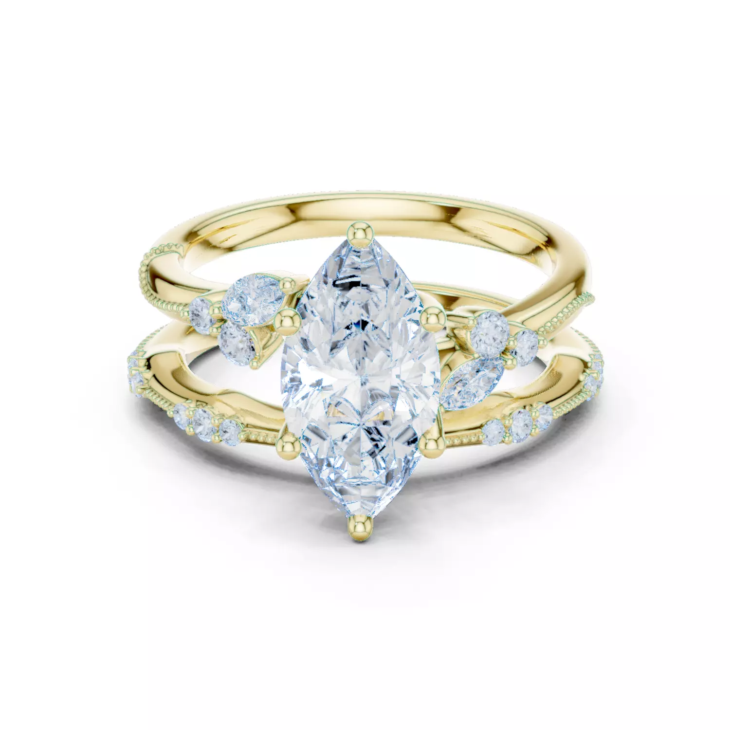 2CT Marquise Cut Diamond Knife Edge Woman Ring Set 3DM STL Video 3D print model_17