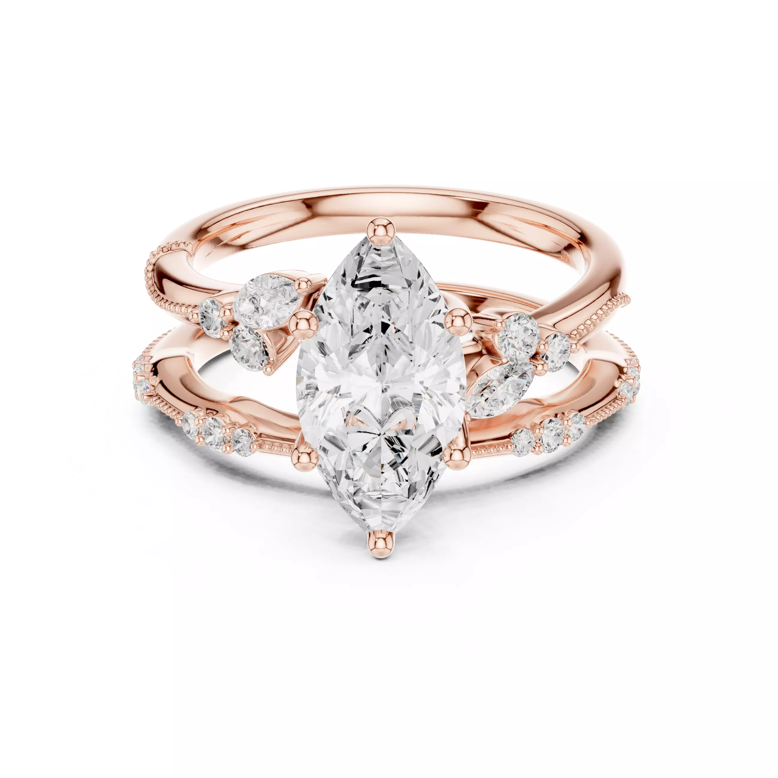 2CT Marquise Cut Diamond Knife Edge Woman Ring Set 3DM STL Video 3D print model_0