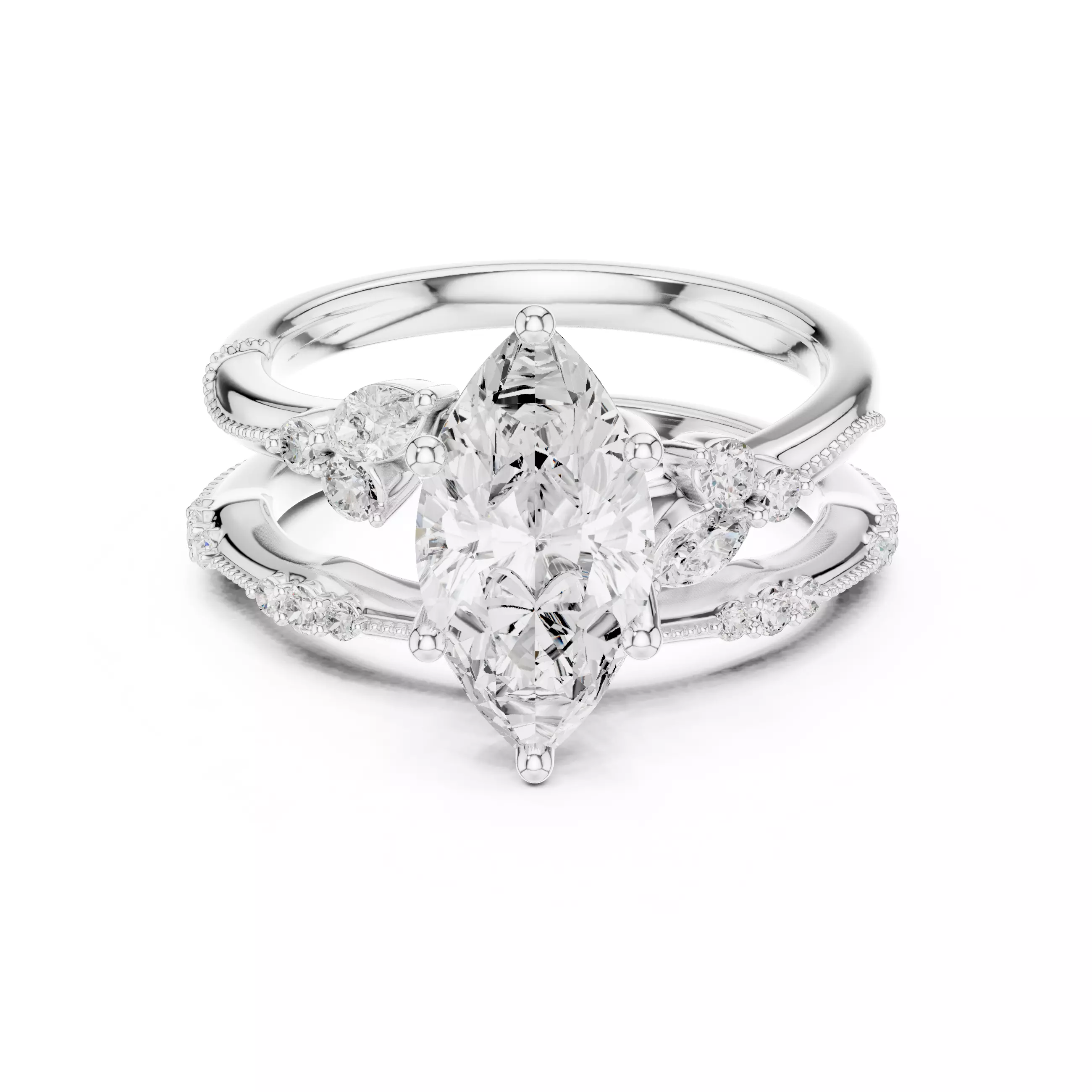 2CT Marquise Cut Diamond Knife Edge Woman Ring Set 3DM STL Video 3D print model_2