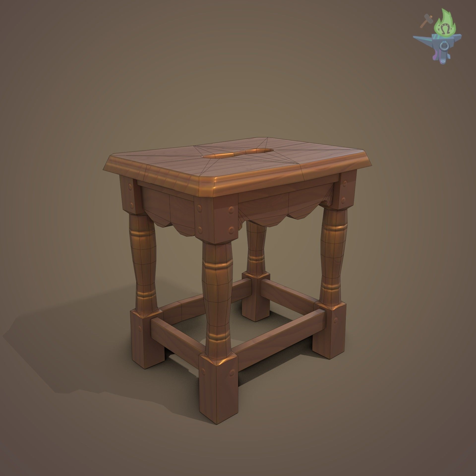 Game ready Stool wooden Low-poly 3D model_11