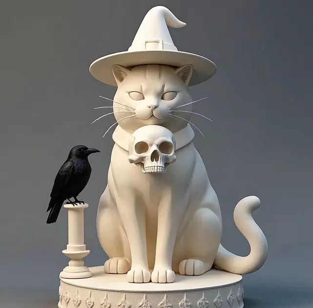 2084Witch Cat Composition Skull Raven Candleholder 3D print model_5