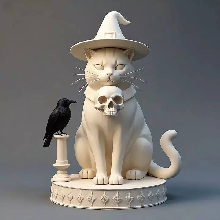 2084Witch Cat Composition Skull Raven Candleholder 3D print model_0