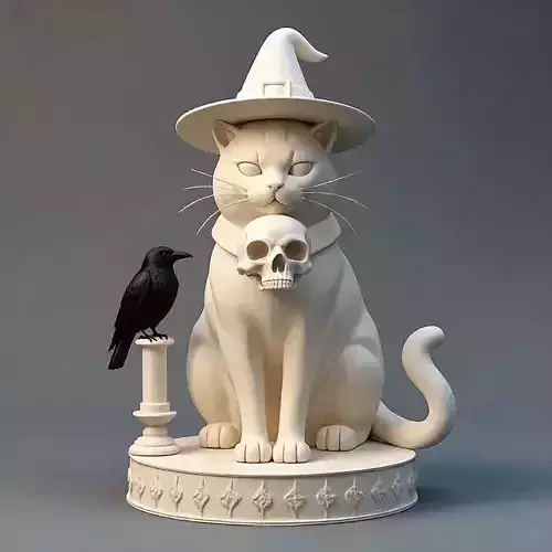 2084Witch Cat Composition  Skull  Raven  Candleholder