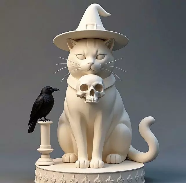 2084Witch Cat Composition Skull Raven Candleholder 3D print model_4