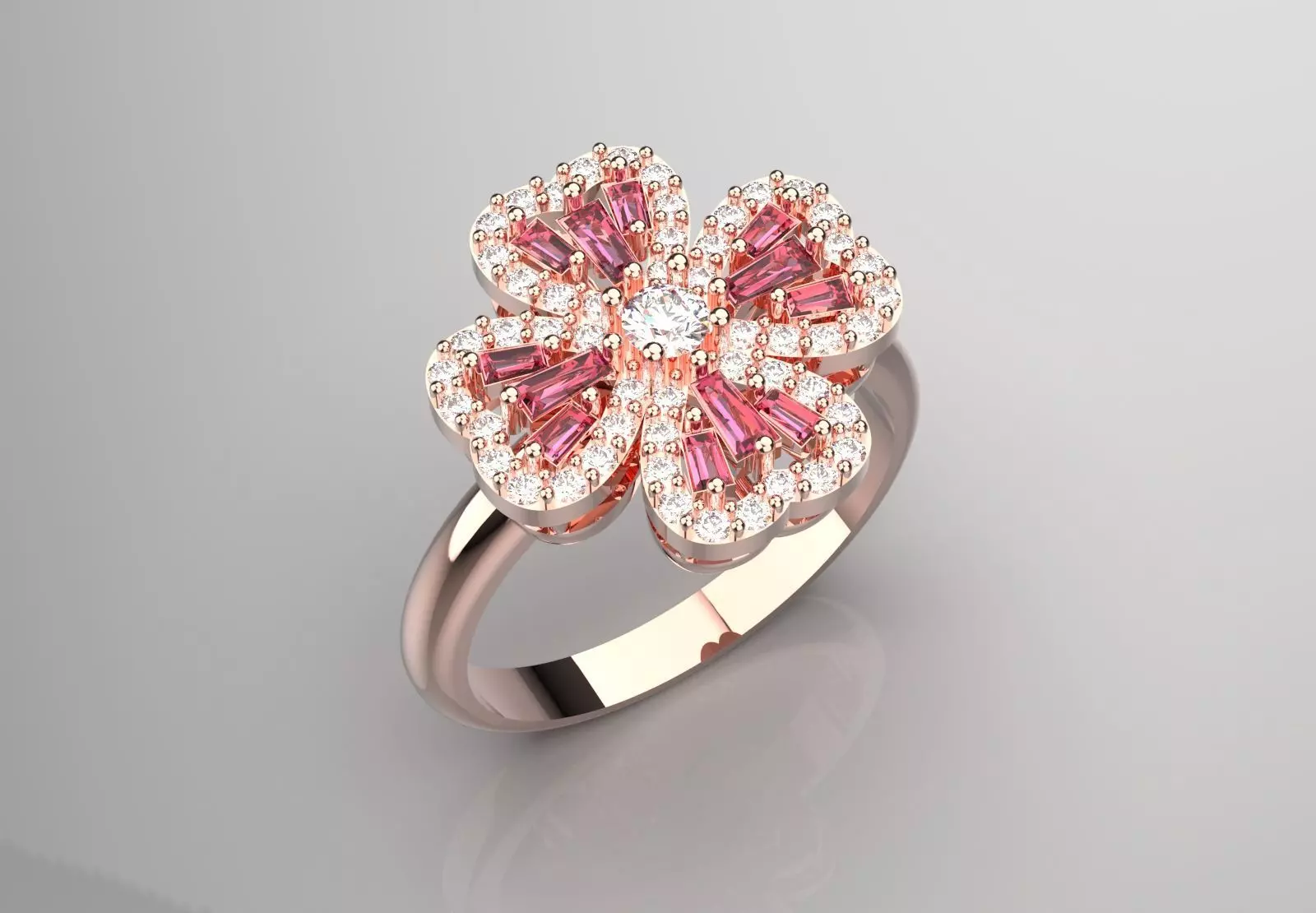 Rose Gold 3dm Ring Flower Design Diamonds and Ruby Model jr00211 3D print model_1