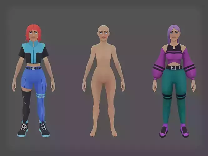 Stylized Girl Character Blue and Pink Outfits