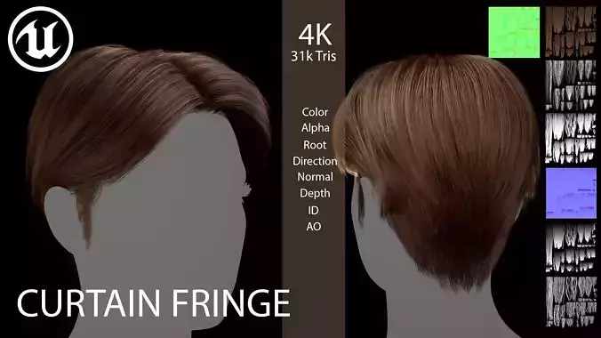 Curtain - Fringe  Center - Part Hairstyle - Game Ready Hair Low-poly 3D model