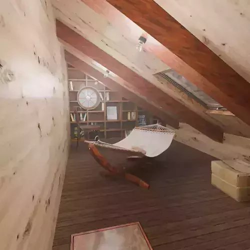 The attic room with the large bookshelf