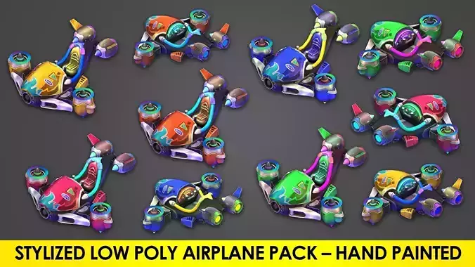 Stylized Low Poly Airplane Pack Hand-Painted 5 Variations Low-poly 3D model Stylized Low Poly Airplane Pack Hand-Painted 5 Variations Low-poly 3D model