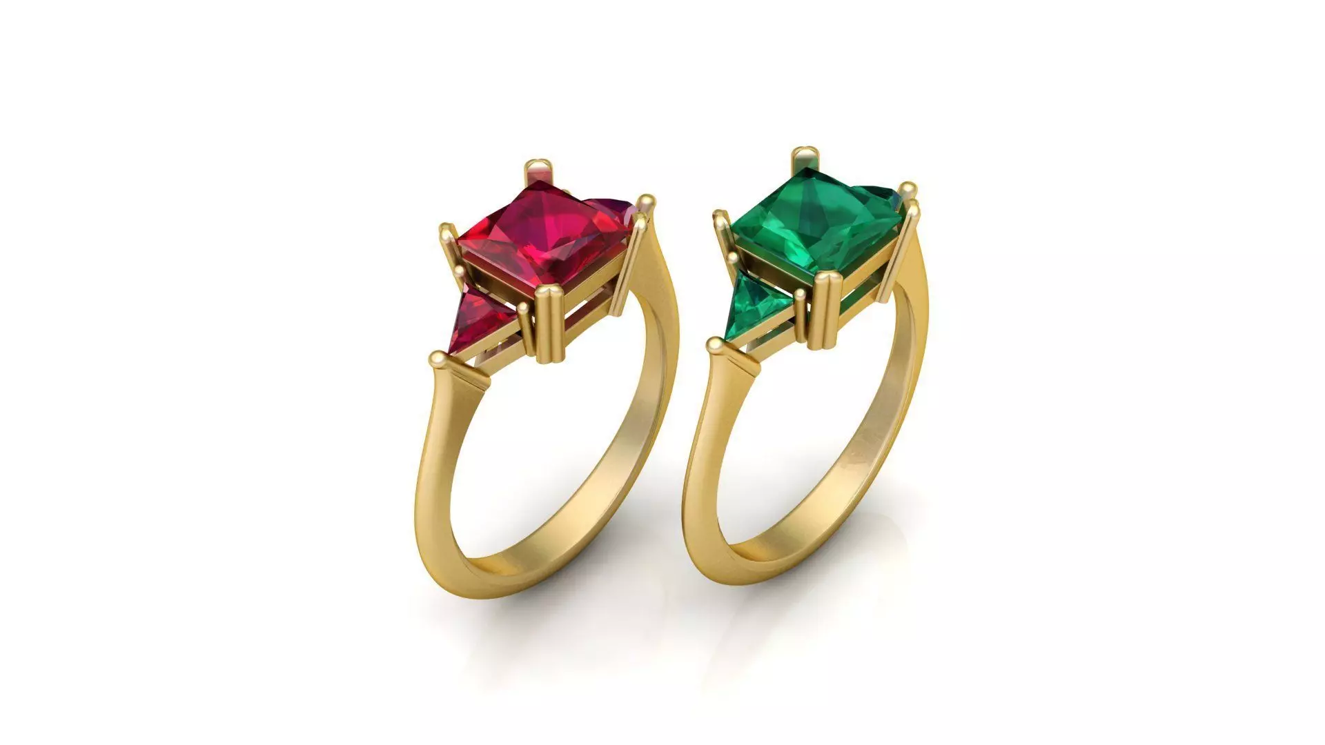 Princess-Cut Ruby and Emerald Solitaire Rings in Yellow Gold 3D print model_3