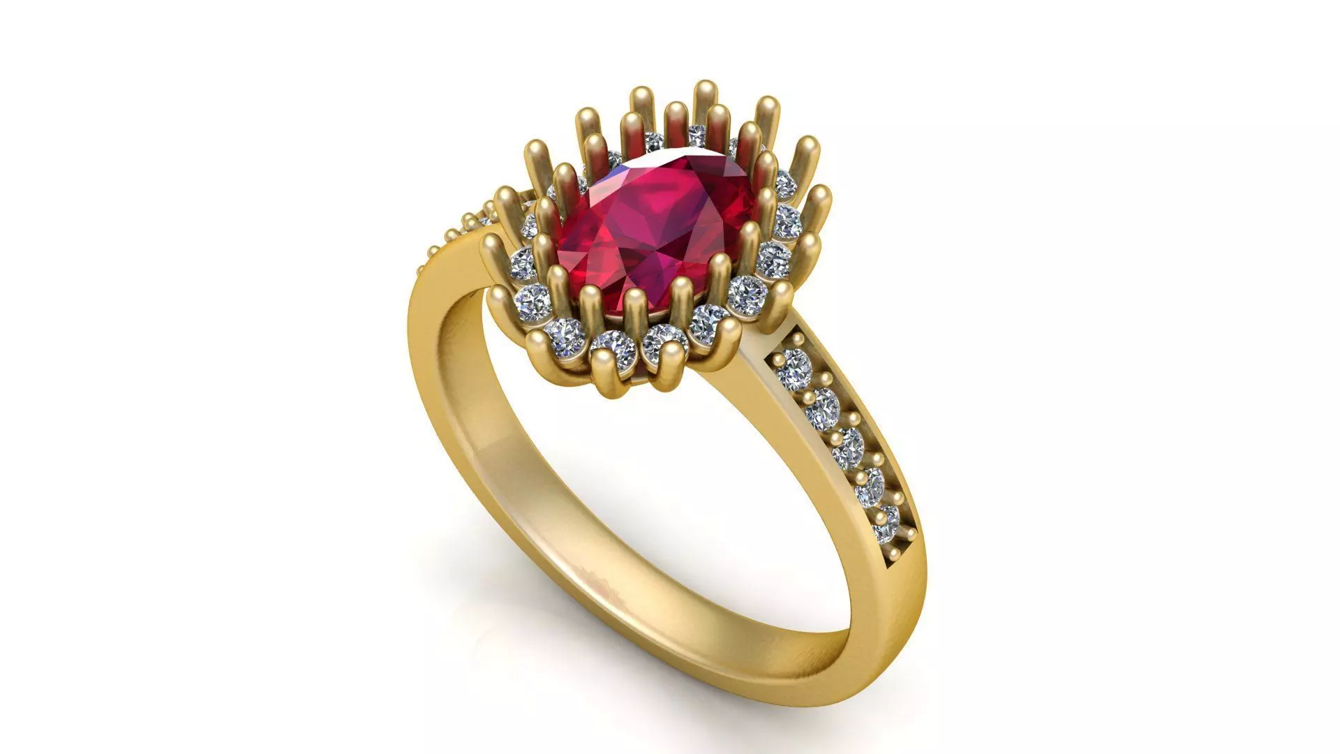 Luxurious Gold Ring with Oval Ruby and Diamond Halo Accent 3D print model_1