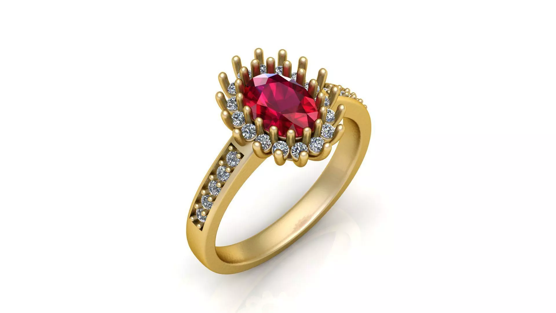 Luxurious Gold Ring with Oval Ruby and Diamond Halo Accent 3D print model_0