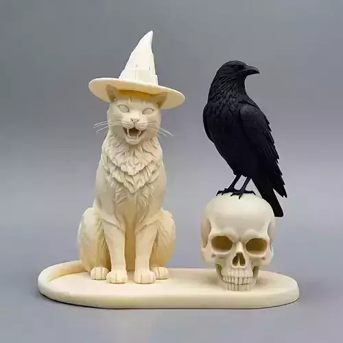 2086Witch Cat Composition Skull  Raven  Candleholder