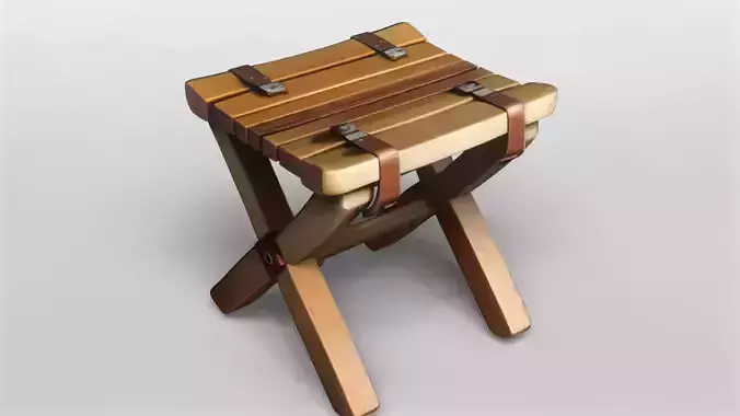 Wooden Folding Stool with Leather Straps 3D model
