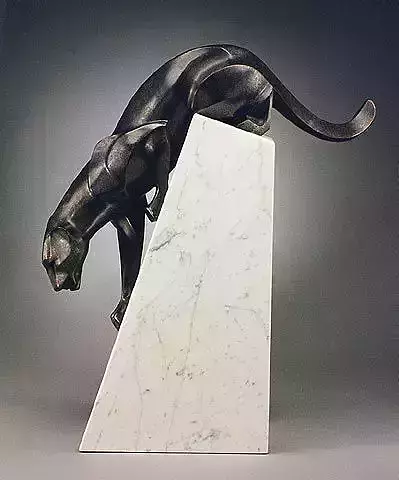 Crouching Panther Dynamic Bronze Sculpture on Marble Pedestal