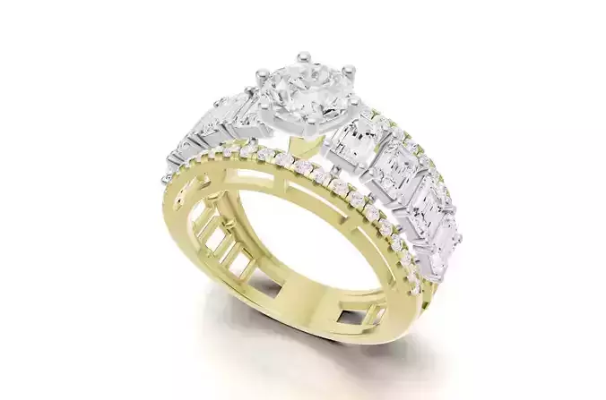 Pointer Diamond Engagement Ring With Emerald Diamond Band Style 