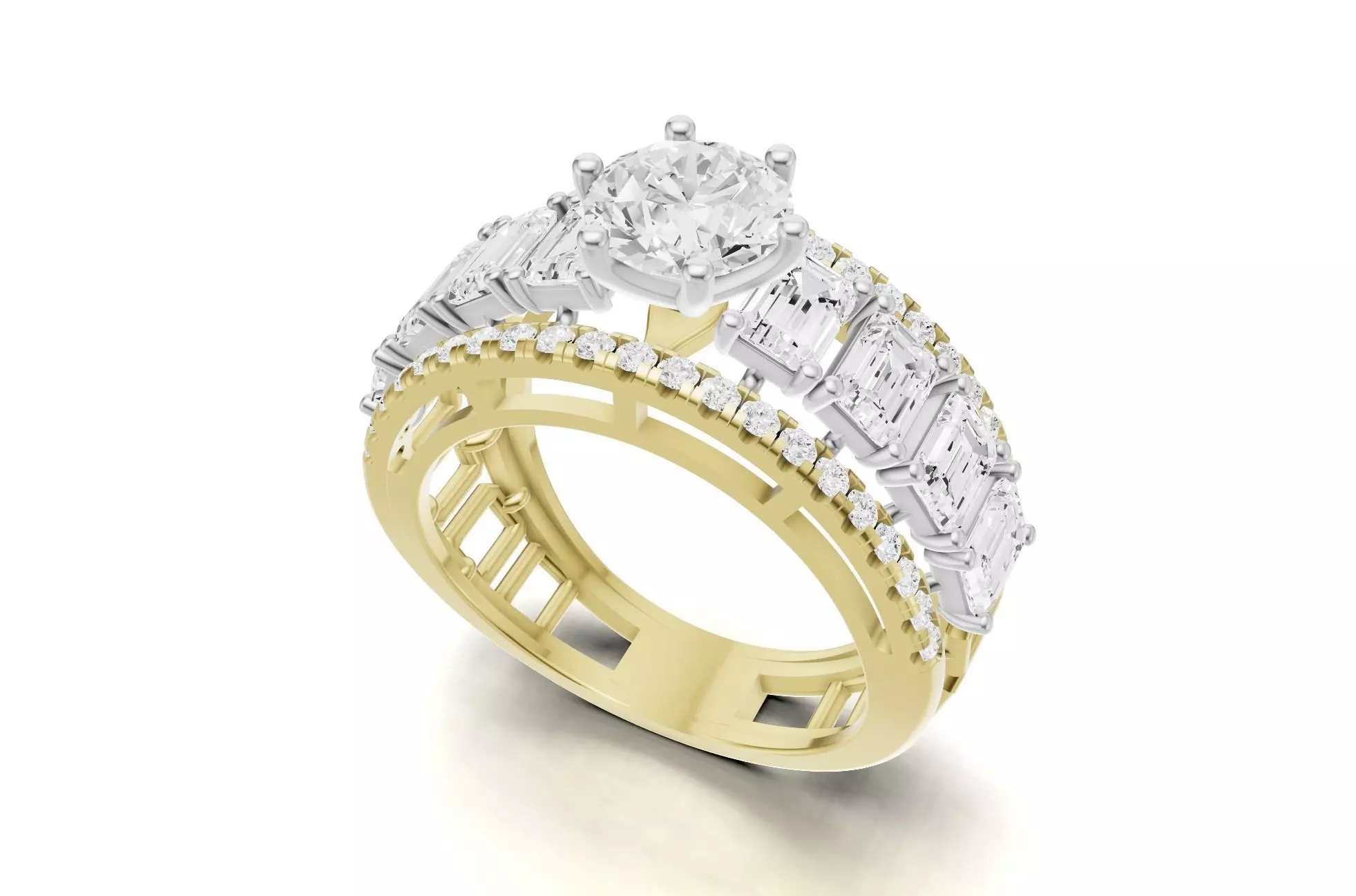 Pointer Diamond Engagement Ring With Emerald Diamond Band Style 3D print model