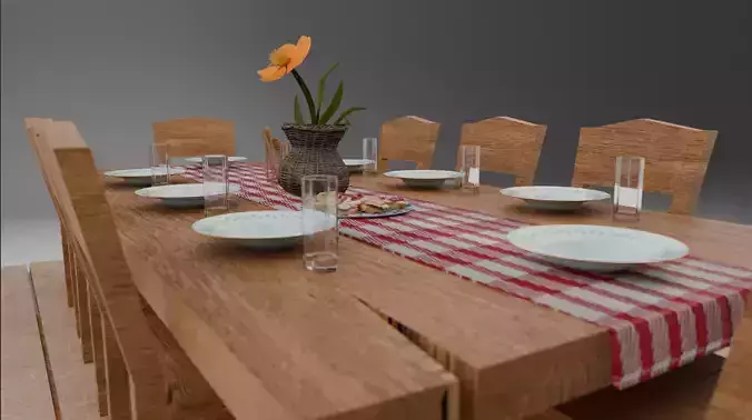 Wooden Dining Table And Chairs with Cloth  Game Ready 3D Model