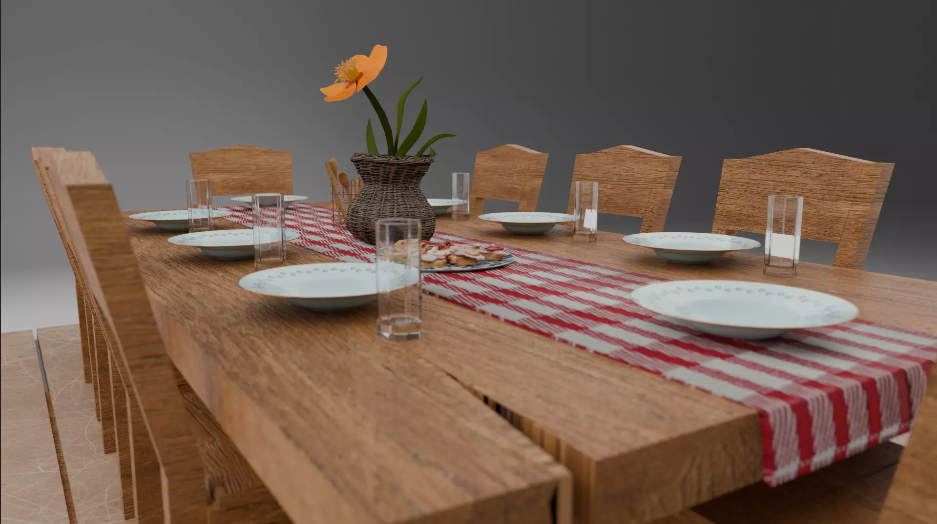 Wooden Dining Table And Chairs with Cloth Game Ready 3D Model Free 3D model