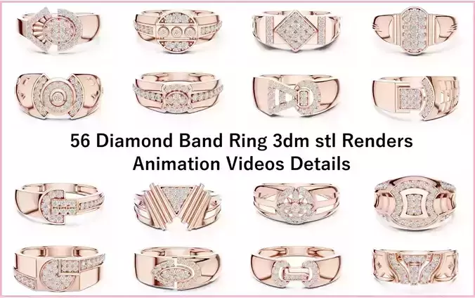 56 Diamond Band Ring 3dm stl renders animation videos details 3D Model Collection